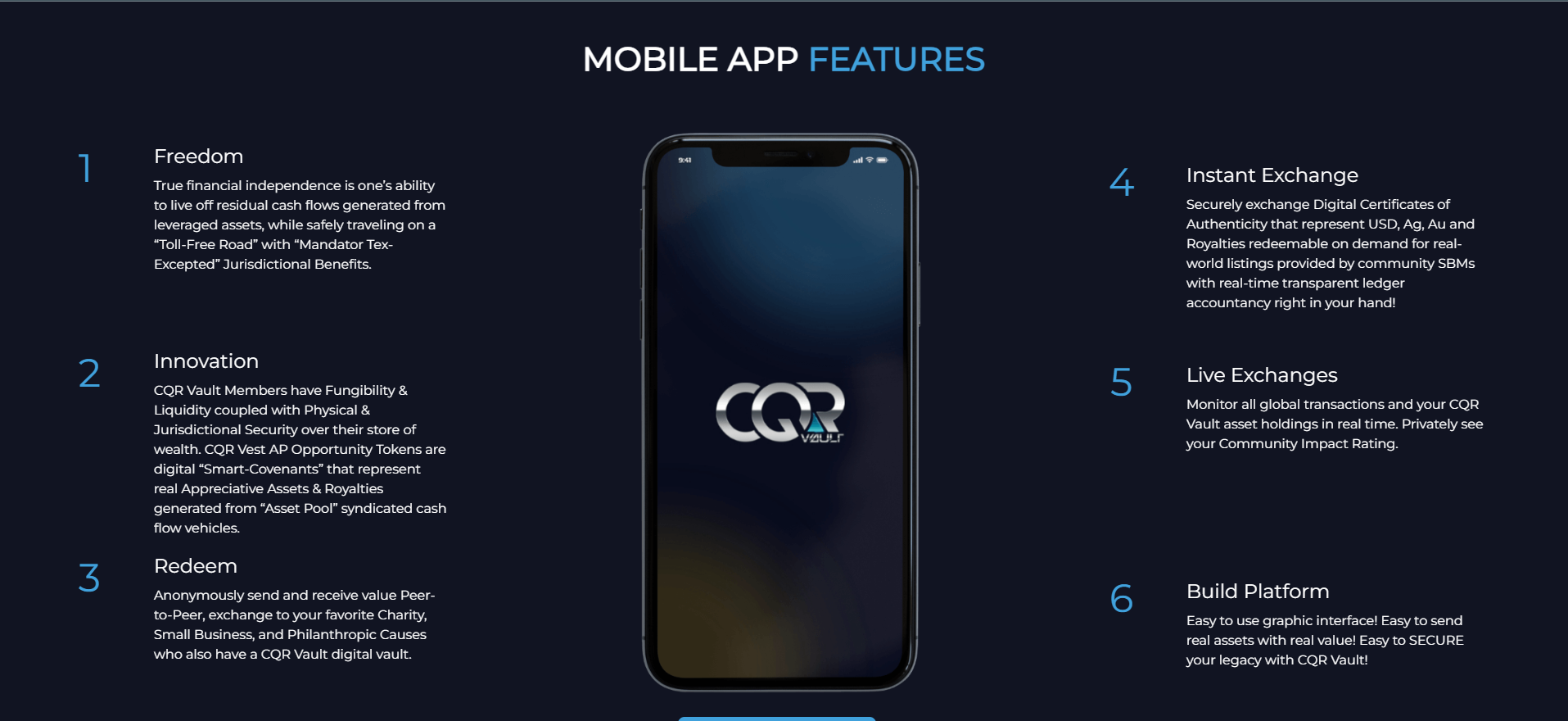 CQR Vault mobile features screen