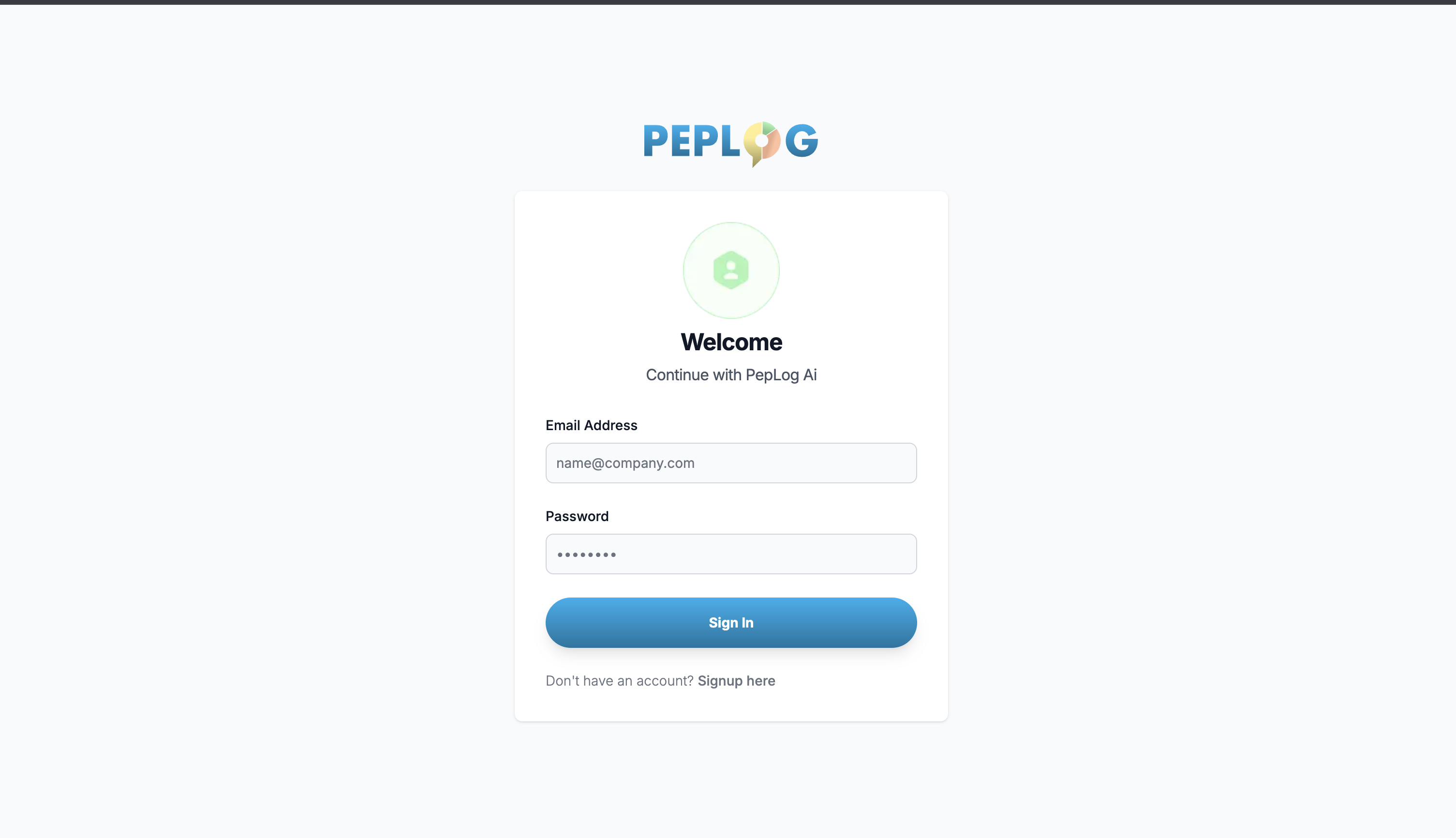 Peplog sign-in screen